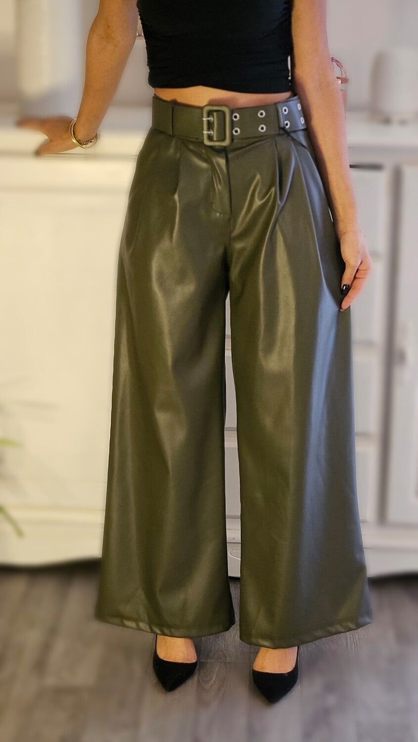 PANTALON GRAND EN SIMILI CUIR AVEC CEINTURE MADE IN ITALIE - Ellarmonie