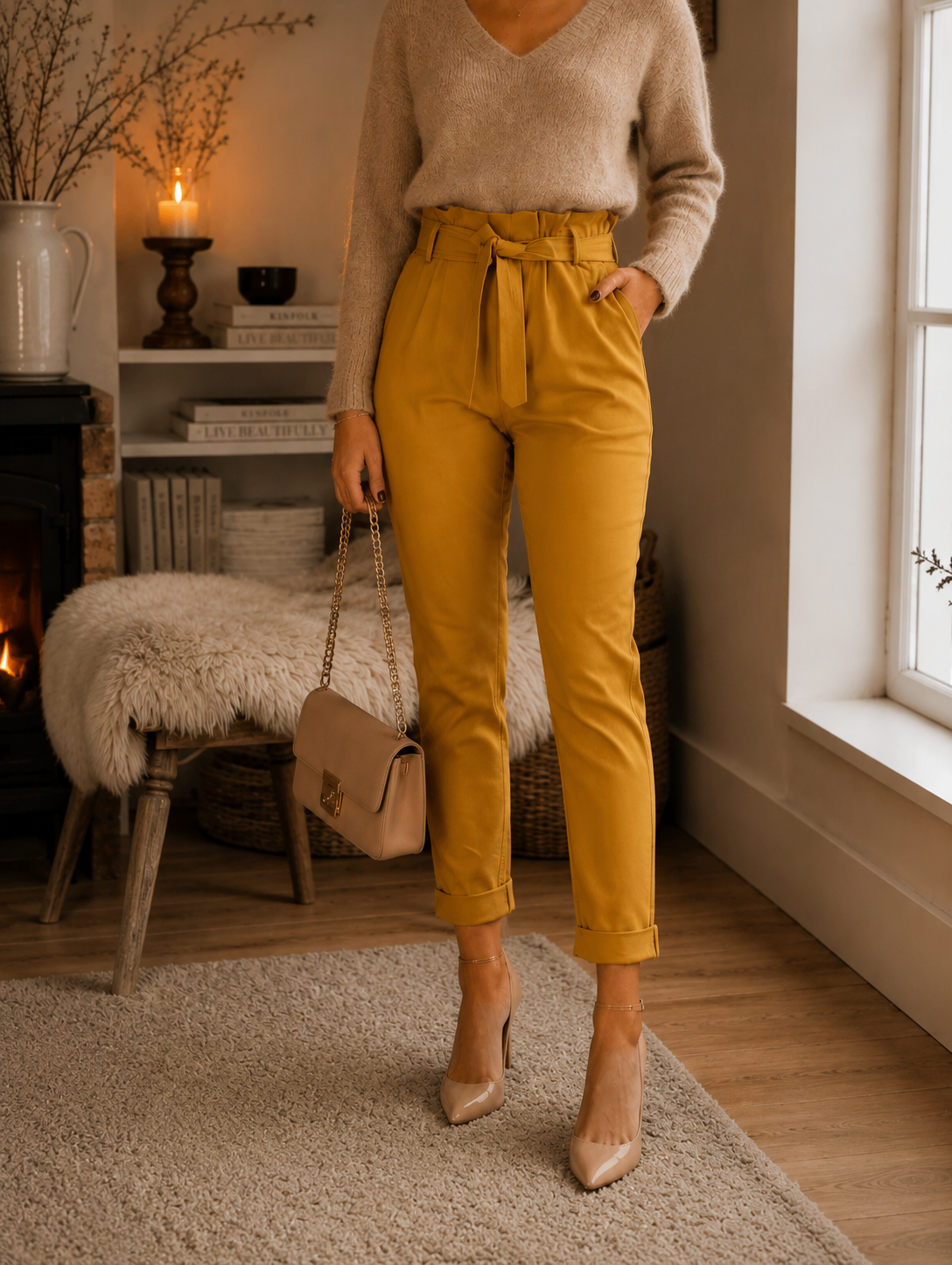 PANTALON MATIÈRE ÉLASTIQUE AVEC CEINTURE MADE IN ITALIE - Ellarmonie