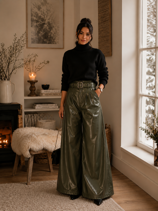 PANTALON EN SIMILI CUIR AVEC CEINTURE MADE IN ITALIE - Ellarmonie
