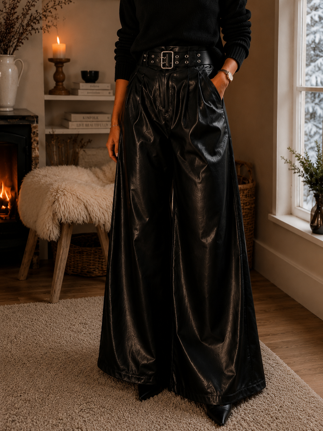 PANTALON EN SIMILI CUIR AVEC CEINTURE MADE IN ITALIE - Ellarmonie