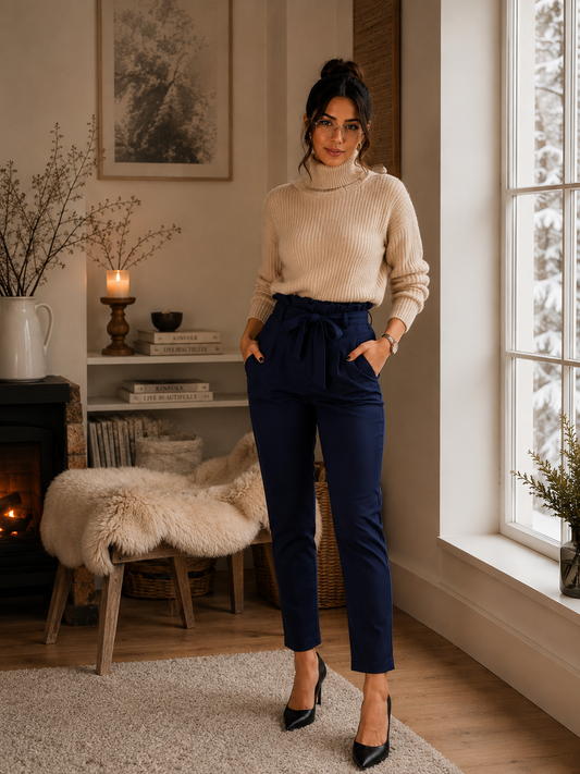 PANTALON MATIÈRE ÉLASTIQUE AVEC CEINTURE MADE IN ITALIE - Ellarmonie