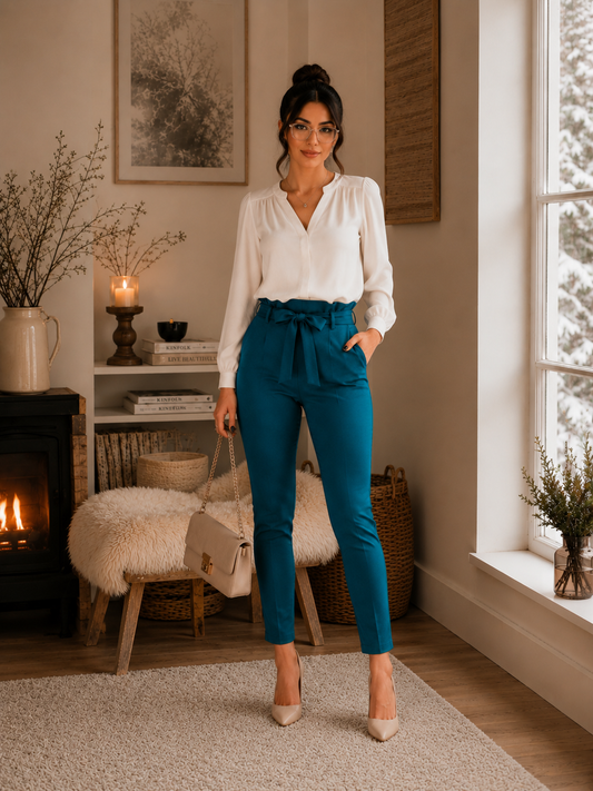 PANTALON MATIÈRE ÉLASTIQUE AVEC CEINTURE MADE IN ITALIE - Ellarmonie