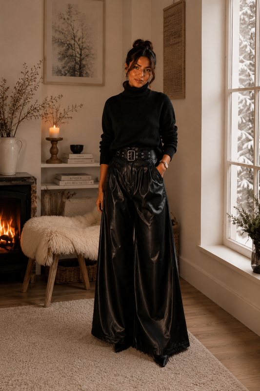 PANTALON EN SIMILI CUIR AVEC CEINTURE MADE IN ITALIE - Ellarmonie