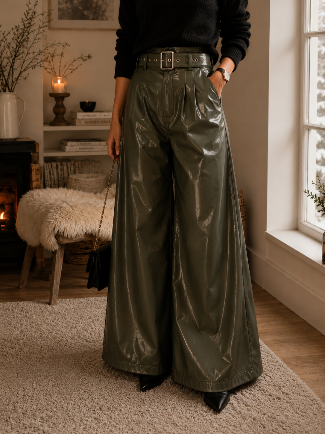 PANTALON EN SIMILI CUIR AVEC CEINTURE MADE IN ITALIE - Ellarmonie