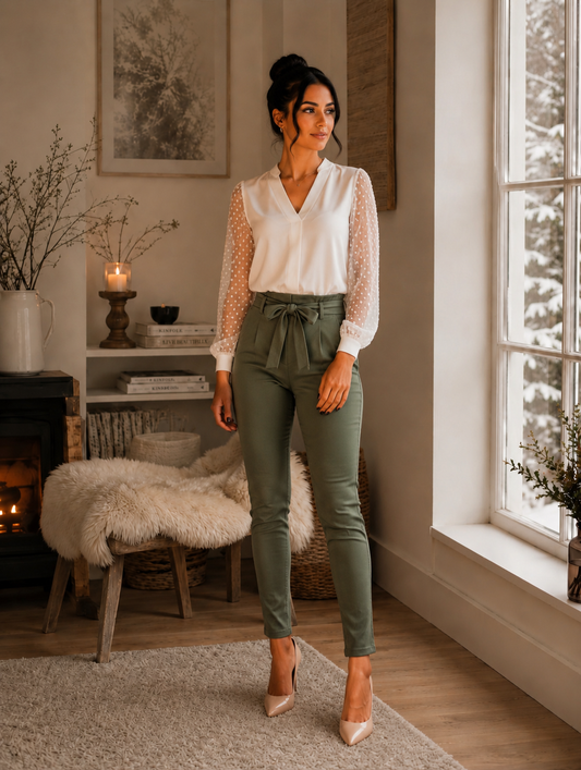 PANTALON MATIÈRE ÉLASTIQUE AVEC CEINTURE MADE IN ITALIE - Ellarmonie