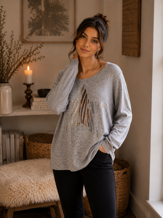 PULL FIN COL ROND ÉTOILE MADE IN ITALIE - Ellarmonie